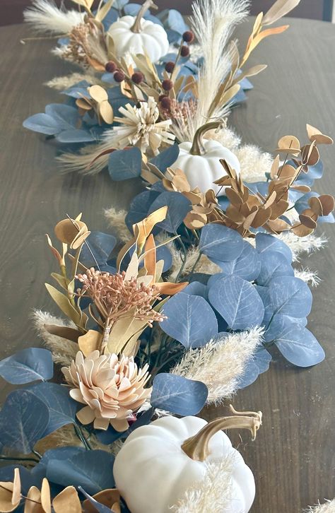 Fall Decor With Blue, Blue And White Fall Decor, Teal Fall Decor, Centerpiece Garland, White Pumpkin Centerpieces, Blue Fall Decor, Thanksgiving Garland, Blue Harvest, Neutral Fall Decor