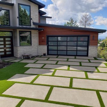 20190924_135218 Pavers With Grass In Between Front Yard, Turf Design Ideas, Large Paver Driveway, Driveway Ideas Concrete, House Driveway Ideas, Green Driveways, Backyard Concrete Ideas, Modern Driveway Design, Modern Driveway Ideas