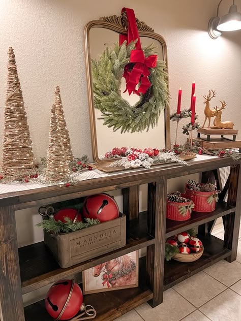 Christmas Decor Hallway Table, Christmas Decor Ideas For Sofa Table, Christmas Entry Way Table Decor, Entry Table Holiday Decor, Couch Table Christmas Decor, Hallway Table Christmas Decor, Christmas Decor Sofa Table, Christmas Decor For Sofa Table, Christmas Decor For Entry Table