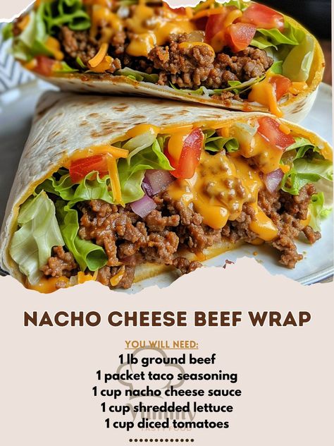 🌮🥩 Wrap up your cravings with this cheesy sensation! #NachoCheeseWrap #BeefyBites 🍽️ Nacho Cheese Beef Wrap 🛒 Ingredients: 1 lb ground beef 1 packet taco seasoning 1 cup nacho cheese sauce 1 cup shredded lettuce 1 cup diced tomatoes 1 cup shredded cheddar 4 large tortillas 👩‍🍳 Instructions: Cook Beef: In a skillet, cook ground beef with taco seasoning until browned. Assemble Wraps: Spread nacho cheese sauce on tortillas. Add beef, lettuce, tomatoes, and cheddar. Wrap & Serve: Fold tortill... Nachos With Ground Beef And Cheese, Wraps Recipes Beef, Nacho Beef Folded Wrap, Ground Beef Wrap, Nacho Cheese Beef Wrap Recipe, Nacho Cheese Beef Wrap, Beef Tortilla Wraps, Ground Beef Wraps, Nacho Burrito