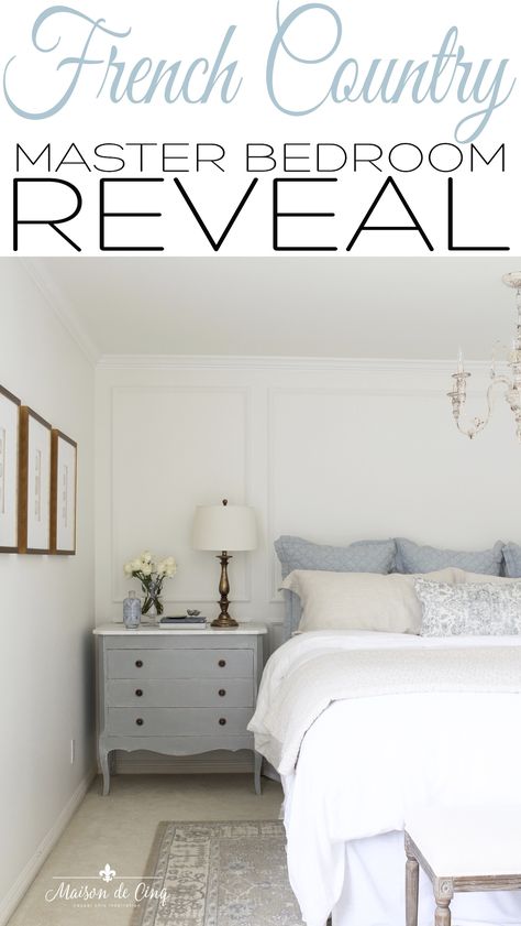 Our French farmhouse inspired master bedroom makeover reveal is here! From Dated and Drab to French-Inspired Retreat! --- #maisondecinq masterbedroom masterbedroomdecor masterbedroomdesign  frenchcountry countryfrench frenchfarmhouse #bedroomdecor #bedroommakeover #bedroomideas #bedroom  #blueandwhite #masterbedroommakeover French Bathroom Decor, French Farmhouse Style, French Country Bedrooms, French Bedroom, One Room Challenge, Country Bedroom, Room Challenge, French Farmhouse, Master Bedrooms Decor