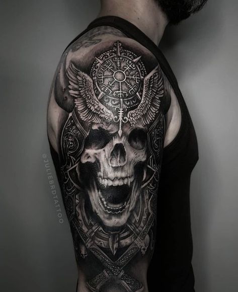 Dark Half Sleeve Tattoo For Men, Viking Tattoos Shoulder, Odin Skull Tattoo, Bald Head Tattoos For Men, Viking Designs Tattoo, Viking Skeleton Tattoo, Celtic Skull Tattoo, Viking Shoulder Tattoo Men, Berserker Tattoo Vikings