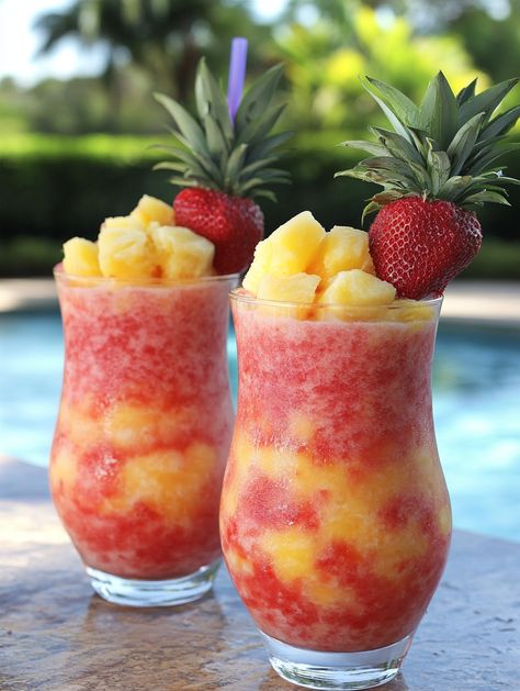 Pineapple Strawberry Swirled Slushies   🍍  𝗜𝗻𝗴𝗿𝗲𝗱𝗶𝗲𝗻𝘁𝘀 🍍  For the Pineapple Slush: 2 cups frozen pineapple chunks 1 cup pineapple juice or water 1 tablespoon honey (optional) For the Strawberry Slush: 2 cups frozen strawberries 1 cup strawberry juice or water 1 tablespoon honey (optional) Pineapple Slush, Strawberry Slush, Pineapple Chunks, Pineapple Strawberry, Strawberry Juice, Frozen Pineapple, Delicious Drinks, Damian Wayne, Frozen Strawberries