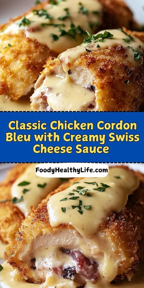 Learn how to make Perfect Chicken Cordon Bleu that’s crispy on the outside, tender on the inside, and smothered in creamy Swiss cheese sauce. 🌟 A restaurant-quality dish you can easily prepare at home! 🐔🧀 #HomeCooking #ChickenRecipes #DinnerGoals #CordonBleuLovers Chicken With Swiss Cheese Recipes, Creamy Swiss Chicken Bake, Oven Baked Chicken Cordon Bleu, Chicken And Ham Recipes, Recipes With Swiss Cheese, Chicken Cordon Blue Sauce, Swiss Cheese Sauce Recipe, Chicken With Ham And Cheese, Healthy Chicken Cordon Bleu