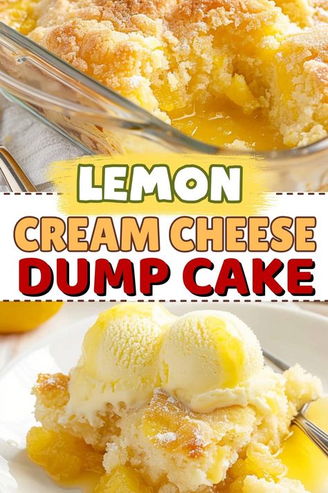 This easy lemon cream cheese dump cake is always a winner! With just 4 ingredients and minimal prep, it's the perfect last-minute treat. Lemon Cheesecake Dump Cake Recipe, Lemon Dump Cake Recipes With Pudding, Lemon Cheesecake Dump Cake, Dessert Recipes Using Cream Cheese, Lemon Dump Cake Recipes Pie Fillings, Recipes With Lemon Pie Filling, Dessert With Yellow Cake Mix Easy, Lemon Cobbler Recipes, Easy Desserts With Cream Cheese