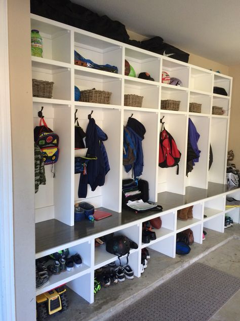 Garage cubbies.  6 lockers, one for every family member.  12.5 feet long, 8 feet tall.  Base is 24" deep, top section is 12". Diy Cubbies, Garage Lockers, Mud Room Garage, Mudroom Cubbies, Mudroom Remodel, Garage Storage Inspiration, Shoes Organizer, Garage Organisation, Mud Room Entry