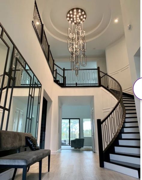 Staircase In Entryway, 2 Story Foyer Ideas Entryway, Twin Staircase, Entryway Ideas Modern, Gallery Landing, Modern Entryway Ideas, Foyer Design Ideas, Foyer Designs, Luxury On A Budget