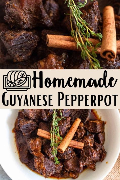 Pepperpot is a Guyanese dish that is the pride and joy of the country. It is made by cooking a combination of beef and pork together with a unique Guyanese ingredient, Cassareep. Guyanese Recipes, South American Recipes, Beef And Pork, Slow Cooked Meat, Brown Sauce, Global Recipes, The Pride, Indian Dishes, Food Culture