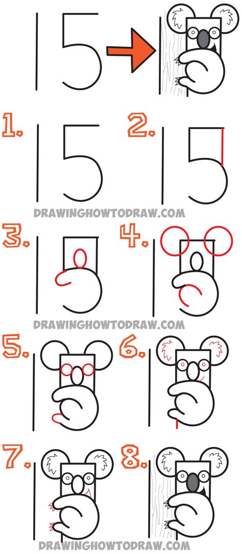 Learn How to Draw a Cartoon Koala Bear from the Number 15 - Simple Drawing Lesson for Kids Draw Pictures From Numbers, How To Draw Using Numbers, How To Draw With Numbers, Drawing With Numbers Kids, Draw From Numbers, Number Drawing Ideas, Number Drawings, Cartoon Koala, Alphabet Drawing