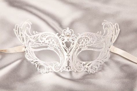 . Angel Mask Masquerade Ball, Metal Masks, Masquerade Aesthetic, Masquerade Ideas, White Masquerade Mask, Masquerade Event, White Masquerade, Lace Masquerade Masks, Masquerade Prom