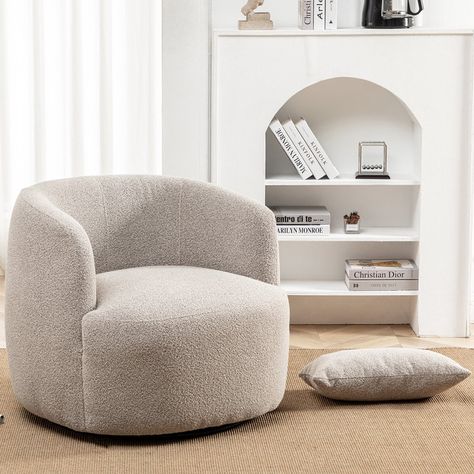 Wade Logan® Arijit 34" Wide Boucle Upholstered Swivel Armchair & Reviews | Wayfair Armchair Bed, Single Sofa Chair, Printed Chair, Swivel Barrel Chair, Swivel Accent Chair, Accent Arm Chairs, Boucle Fabric, Swivel Seating, Swivel Armchair