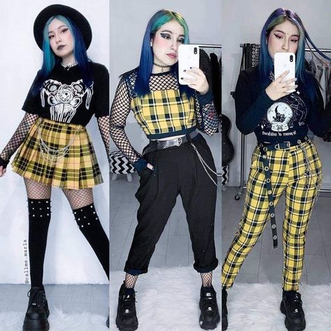 Grunge Egirl Outfit, Pop Of Color Outfits, Punk Inspired Outfits, Checkered Shirt Outfit, Soft Grunge Outfit, Hufflepuff Outfit, Pink Demon, Outfits Punk, Outfits Goth