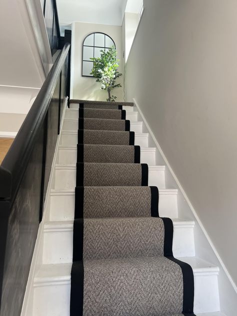 Stairs With Walls On Both Sides, Narrow Stairway Decorating, Stairs Landing Decor, Hall Stairs And Landing Decor, Grey Stairs, Taupe Carpet, Carpet Stair Runner, Gray Stair Runner, Grey Stair Carpet