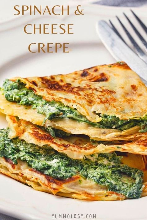 Spinach Crepes Filling, Vegetarian Crepes Savory, Crepe Filling Ideas Dinners, Savory Crepe Ideas, Spinach Crepes Recipe, Salty Crepes Recipe, Breakfast Cream Cheese Recipes, Spinach For Breakfast, Crepes Suzette Recipe