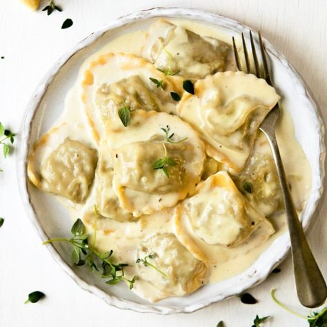 Mushroom Ravioli In A Parmesan Cream Sauce Homemade Mushroom Ravioli, Ravioli Cream Sauce, Mushroom Ravioli Sauce, Ravioli Sauce Recipe, Garlic Parmesan Cream Sauce, Leftover Pork Recipes, Easy Sauces, Mushroom Pate, Ravioli Sauce