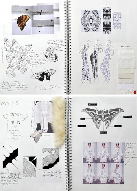 These sketchbook pages have a formal, organised, uncluttered presentation style, with a minimal use of colour. Items are positioned carefully, allowing each piece of the design process to be appreciated fully. The project contains a thorough investigation of detail and pattern, with first-hand observation of moths and butterflies informing subsequent designs. Character Design Process, Fashion Design Process, Fashion Sketchbook Inspiration, Fashion Design Inspiration, Fashion Portfolio Layout, Sketchbook Layout, Textiles Sketchbook, Fashion Design Books, Presentation Styles