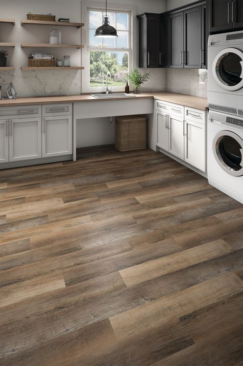 Tile Flooring Wood Look, Wood Looking Laminate Flooring, Cool Brown Flooring, Textured Vinyl Plank Flooring, White Kitchen With Brown Floors, Vinyl Waterproof Flooring, Oak Cabinet Kitchen Flooring, Wood Kitchen Flooring Ideas, Mixed Wood Flooring