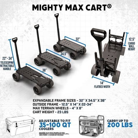 Patented, Powerful, & Portable:With over 65,000 Mighty Max Carts in service in over 20 countries, we have made our mark on the cart, caddy, dolly and trolley world. 97% Polypropylene material and powerful flex design sets our carts above all other metal, aluminum, and canvas carts. The Mighty Max is built to last for decades, and transforms into many different carts and dolly configurations. Made 100% in The USA, and has been awarded two USA patents, Design and Utility Patents. Unlike metal and Camping Cart, Fishing Cart, Moving Dolly, Accessoires 4x4, Dump Cart, Trailer Dolly, Trolley Dolly, Flex Design, Utility Wagon