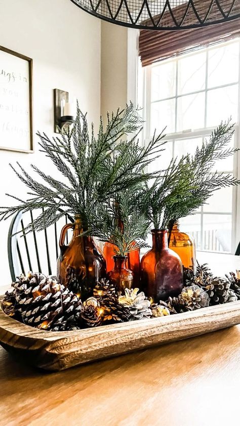 Table Centerpiece Ideas For Home, Christmas Decor Ideas For Living Room Cozy, Winter Dough Bowl, Dough Bowl Centerpiece, Winter Centerpieces, Deco Table Noel, Bowl Centerpiece, Dough Bowls, Dekor Diy