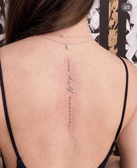 Mid Back Quote Tattoo, Quote On Spine Tattoo, Resilience Spine Tattoo, Scripture Spine Tattoo, Short Spine Tattoos For Women, Back Tattoo Women Fine Line, Back Women Tattoo, Back Writing Tattoos, Half Spine Tattoo