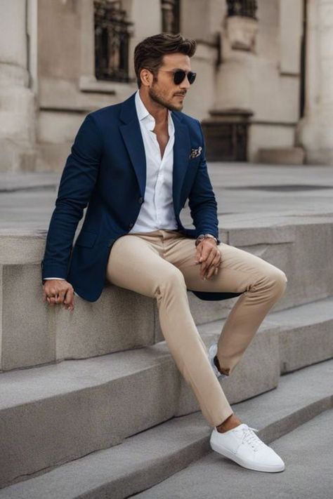 Navy Blue White And Tan Wedding, Men’s Navy Blue Blazer Outfit, Blue Wedding Outfit Men, Men Navy Blue Outfit, Wedding Outfit For Men Guest, Navy Sports Coat Outfit Men, Men’s Outfits With Blazers, Blue Dress Shirt Outfit Men, Blue Blazer Outfit Men Wedding