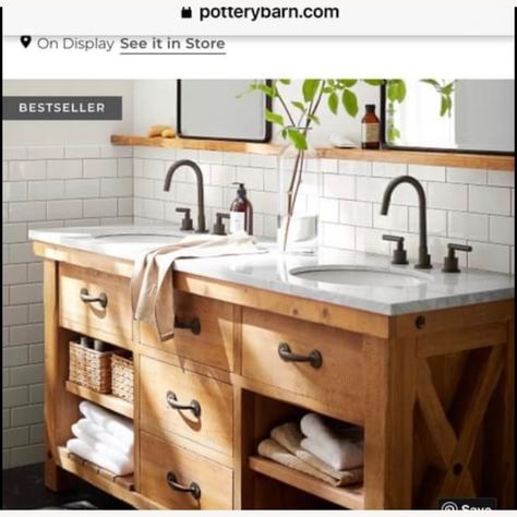 Double Sink Ideas Bathroom, Double Vanity Wood, Wood Double Sink Vanity, Small Bathroom Double Sink, Small Double Sink Vanity, Double Sink Bathroom Ideas, Pottery Barn Bathroom, Bathroom Vanity Double Sink, Craftsman Bathroom