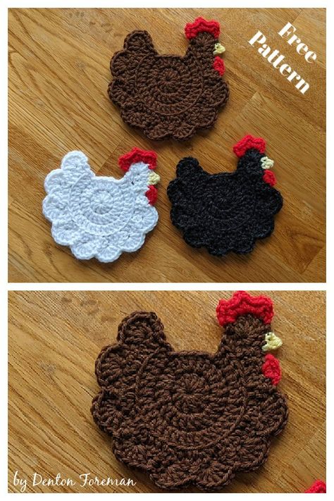 Chicken Coasters, Crochet Potholder Patterns, Crochet Coasters Free Pattern, Farm Chicken, Confection Au Crochet, Crochet Chicken, Crochet Coaster Pattern, Crochet Potholders, Haken Baby