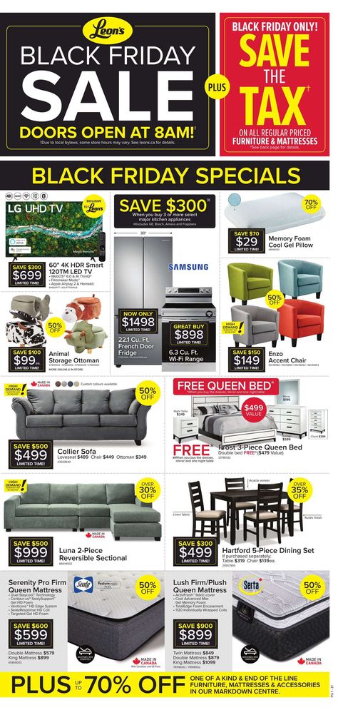 Leon’s Black Friday Sale Flyer Leon Black, Major Kitchen Appliances, Black Friday Sale Flyer, Furniture For Living Room, Black Friday Flyer, Furniture Sales, Gel Pillow, Uhd Tv, Black Friday Specials