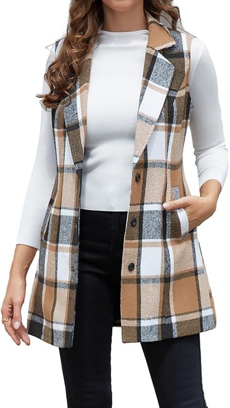 IDEALSANXUN Long Vest for Women Sleeveless Blazer Jackets Fall Fashion Outfits 2024 Wool Flannel Tartan Plaid Vest Winter Coats, Brown, M at Amazon Women's Coats Shop Plaid Vest Outfits For Women, Plaid Vest Outfits, Plaid Vest Outfit, Winter Puffer Vest, Long Sleeveless Cardigan, Vest Outfits For Women, Flannel Vest, Womens Waistcoat, Women's Vests