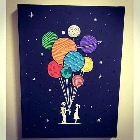 Planet Painting, Simple Canvas Paintings, Cute Canvas Paintings, Easy Canvas Art, Easy Canvas Painting, Heart Painting, Galaxy Painting, Cute Paintings, Cute Canvas