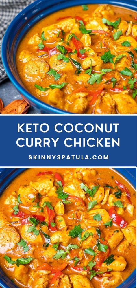 Keto Coconut Curry Chicken Keto Recipes Air Fryer, Low Carb Chicken Curry, Keto Coconut Curry, Keto Indian Food, Low Carb Curry, Coconut Curry Chicken Recipes, Keto Curry, Coconut Curry Chicken, Keto Soup