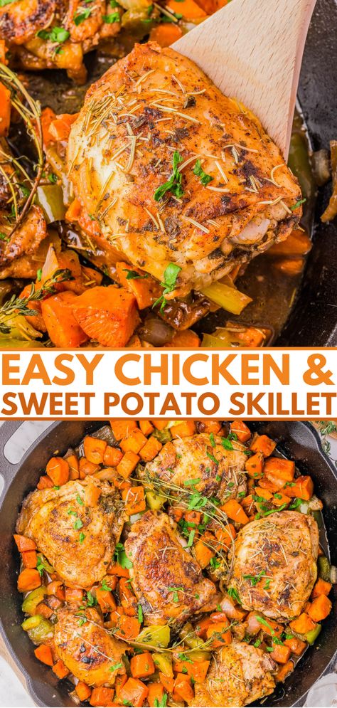 Chicken and Sweet Potato Skillet - 🍗🍁🍠 An EASY one-skillet chicken dinner recipe complete with sweet potatoes, bell peppers, and onions for impressive texture and flavor! It's all seasoned with smoked paprika, oregano, rosemary, thyme, and there's a simple sauce with maple syrup and Dijon mustard that lends all the cozy fall vibes! This is COMFORT FOOD that's great for busy weeknights and chillier weather. 's all seasoned with smoked paprika, oregano, rosemary, thyme, and there's a simple sau Sweet Potato Skillet Recipes, Chicken And Sweet Potato, Potato Skillet, Chicken Dinner Recipe, Comfort Food Chicken, Sweet Potato Skillet, Cozy Fall Vibes, Skillet Potatoes, Easy Chicken Dinner Recipes