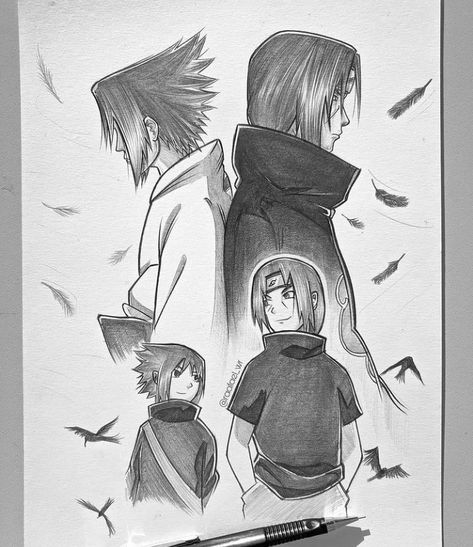 Instagram @raafael_wr Sasuke And Itachi Drawing, Naruto And Sasuke Drawing, Black Pen Sketches, Sasuke Drawing, Sasuke Sharingan, Crows Drawing, Happy Rakhi, Album Artwork Cover Art, Naruto Sketch Drawing