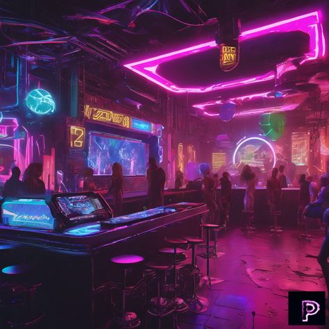 Dive into the electric energy of a neon punk nightclub, where neon lights and holographic displays set the scene. 🎶🔊   What vibrant nightlife will your art illuminate today?   #AI #Art #PicassoAIArt #NeonPunk #Nightclub #Futuristic Club Scene Nightclub, City Punk Aesthetic, Neon Stage Design, City Neon Aesthetic, Night Club Illustration, Neon Noir Aesthetic, Neon Bar Aesthetic, Nightlife Aesthetic Club, Futuristic Nightclub