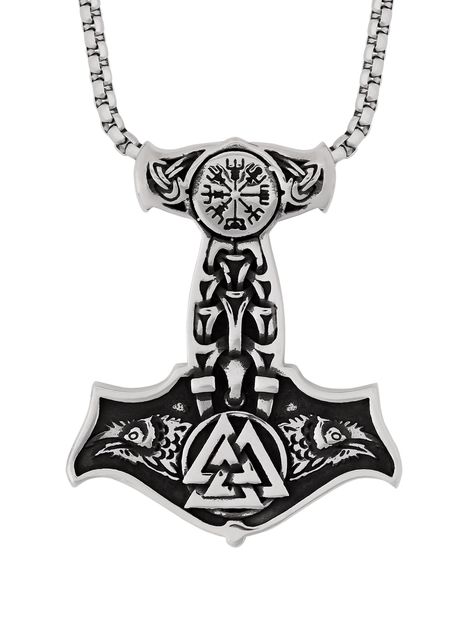 PRICES MAY VARY. This Viking necklace design combines key symbols from Norse mythology: Mjolnir, Valknut, Aegishjalmur, and Odin's ravens These iconic symbols embody protection, victory, bravery, and destiny in a unique homage to Viking mythology Made from stainless steel with silver plated finish and highly resistant to rust, oxidation, discoloration and corrosion Thor hammer pendant measures about 2.1 x 1.73 inches (5.3 x 4.4 cm). Box chain length: 23.6 inches (60 cm) A stunning piece of Vikin Norse Thor, Odin Raven, Viking Mythology, Thor's Hammer Mjolnir, Mjolnir Pendant, Odin's Ravens, Thor Hammer, Iconic Symbols, Viking Necklace