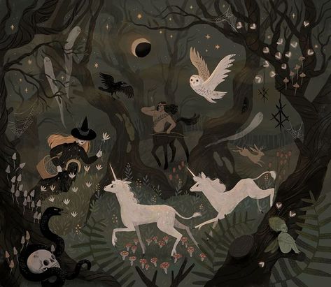 Spooky Forest by Lilla Bölecz Forest Warlock, Autumn Solstice, Magic Illustration, Spooky Forest, Mysterious Forest, Magical Beings, Forest Witch, Forest Illustration, Unicorn Art