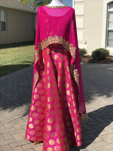 Brocade Anarkali Dress, Pink Brocade Dress Styles, Dupatta As Cape, Cape Dress Indian Gowns, Dupatta Cape, Paithani Dress, Elegant Skirt Outfits, Bandhani Design, Long Skirt Top Designs