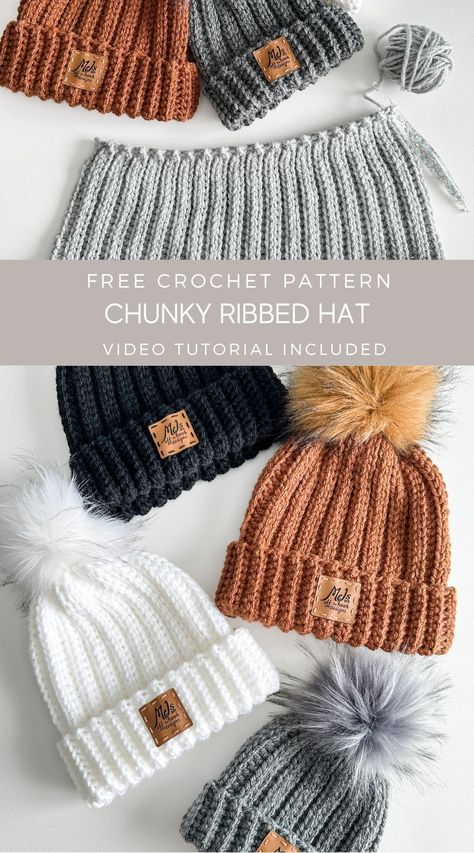 Free crochet pattern for my blog subscribers. Bundle up and stay cozy in the Chunky Ribbed Crochet Hat. The crochet hat is thick and warm with a fold-over band and unique ribbed stitch. Sizing includes baby to adult with a step-by-step video tutorial on YouTube. Designed in a beautiful bulky weight premium acrylic yarn available in gorgeous modern tones. Cc Hat Pattern, Best Yarn For Crochet Hats, Crochet Hat Measurements, Crochet Boggins Free Pattern, Bulky Yarn Beanie Crochet Pattern, Harvest Braid Beanie Pattern Free, Wool Crochet Hat Pattern, Womans Crochet Hat Pattern Free, Bernat Extra Thick Yarn Patterns