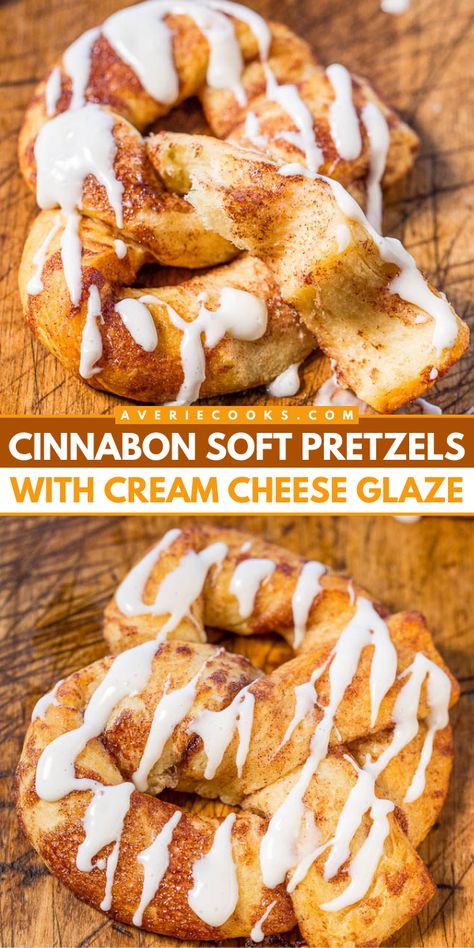 Don't miss out on these Cinnabon Soft Pretzels! Drizzled with a homemade cream cheese glaze, these copycat Cinnabon pretzels are a delicious snack recipe. Save this easy cinnamon recipe and enjoy the marriage of Cinnabon and Auntie Anne's! Soft Pretzel Topping Ideas, Homemade Auntie Annes Pretzels, Soft Pretzel Recipes, Auntie Annes Cinnamon Pretzel Recipe, Soft Pretzels Recipe, Soft Cinnamon Pretzel Recipe, Homemade Pretzels Soft, Aunt Annies Pretzel Recipe, Auntie Annes Pretzel Recipe