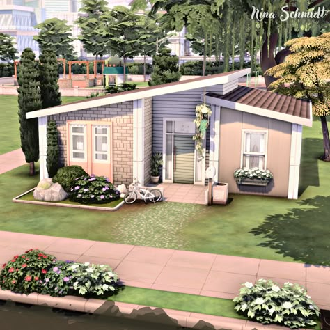 Tiny Home Sims 4, Tiny House Sims 4, Sims Architecture, Sims 4 Modern House, Sims 4 Houses Layout, Oasis Springs, Small House Blueprints, Mid Century Modern House Plans, Sims Gameplay