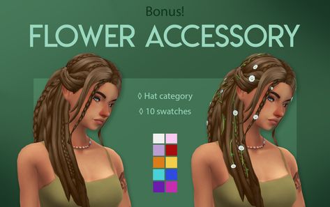 Feral Poodles Sims Sims 4 Cc Boho Hair, Ts4 Maxis Match Cc, Maxis Match Cc, Nature Witch, Boho Hair, Big Gifts, Boho Hairstyles, Flower Accessories, Sims 4 Cc