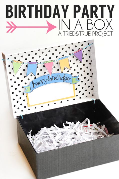 Birthday Party In A Box - A Tried & True Project #plumpicks #bakerstwine Birthday Party Box, Party City Costumes, Simple Birthday Party, Birthday Cheers, Easy Birthday, Cadeau Diy, Birthday Box, Birthday Diy, Tolu