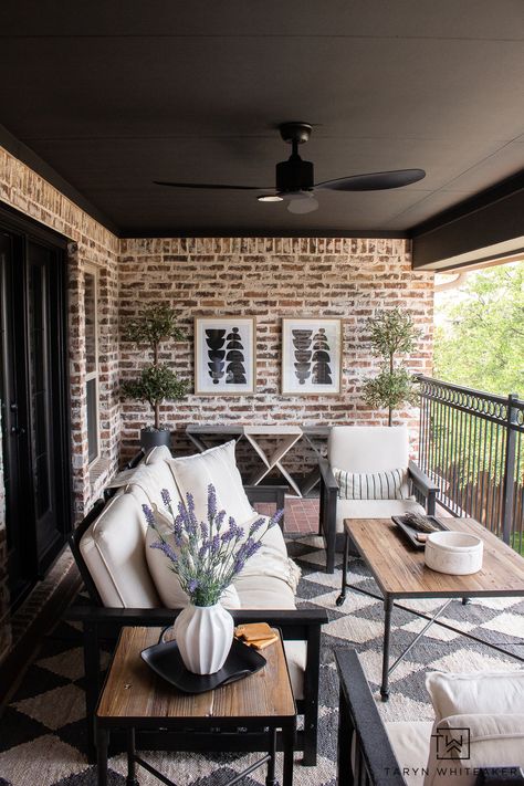 Modern French Country Balcony Makeover - Taryn Whiteaker Designs Dreamy Classroom, French Country Porch, Country Porch Decor, Ceiling Styles, Country Patio, Brick Wall Decor, Balcony Makeover, Modern French Country, French Country House Plans