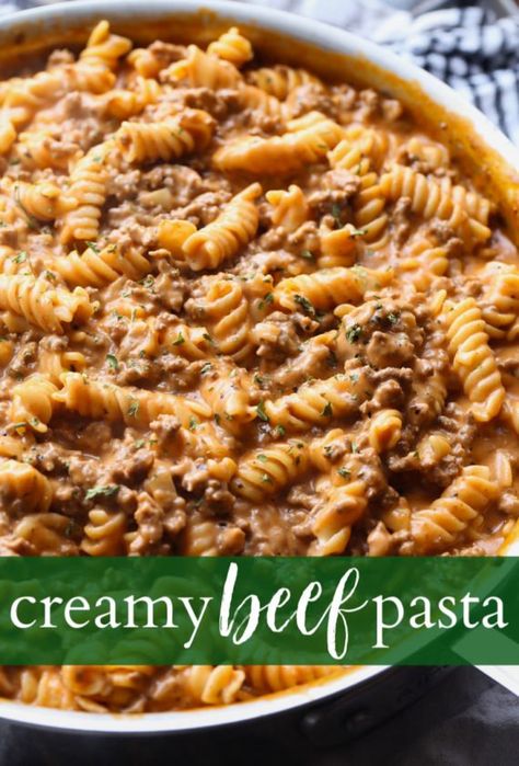 Creamy Beef Pasta Recipe is an easy pasta dish that is perfect for weeknight dinners. It's made in 30 minutes or less and is cheesy, and packed with flavor! Like homemade hamburger helper...but better! #cookiesandcups #pastarecipe #dinner #easydinner #recipe #30minutedinner #pastarecipes #beefpasta Creamy Beef Pasta, Creamy Food, Shake Recipes Healthy, Beef Pasta Recipes, Pasta Healthy, Resep Pasta, Food Beef, Pasta Cremosa, Homemade Hamburger