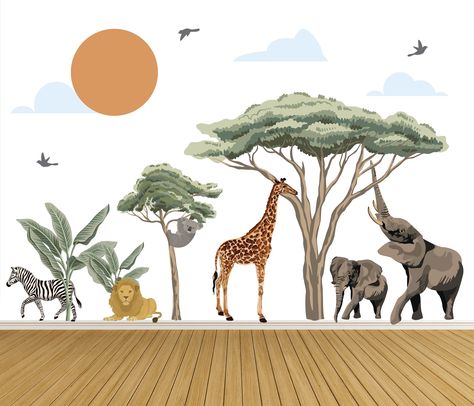 Safari Wall Mural, Safari Wall Art, Balloon Clouds, Sun Clouds, Nursery Room Design, Mural Wall, Wall Art Nursery, Mountain Scene, Safari Nursery