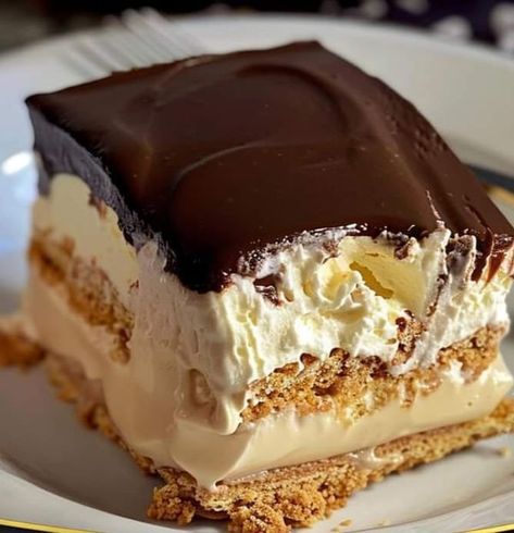 CHEF GUY FIERI🍛 | No Bake Eclair Cake | Facebook Pie, No Bake Lemon Eclair Cake, Eclair Cakes, Lemon Eclair, No Bake Chocolate Eclair Cake, No Bake Chocolate Eclair, No Bake Eclair, Greek Yogurt Dessert, No Bake Eclair Cake