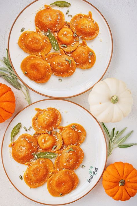 Pumpkin shaped vegan cheese ravioli — The Yummy Vegan Butternut Squash Lasagna Rolls, Butter And Sage Sauce, Pine Nuts Pasta, Dairy Free Butter, Sage Sauce, Creamy Garlic Pasta, Butternut Squash Lasagna, Pumpkin Ravioli, Tofu Ricotta