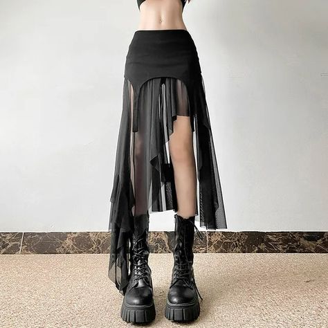 Sugarcoat - Mid Rise Plain Asymmetrical Panel Mesh A-Line Skirt | YesStyle Goth Party Outfit, Dresses For Clubbing, Seventeen Concert, Club Attire, Unique Skirt, Dance Clubs, Punk Skirt, Goth Streetwear, Estilo Harajuku