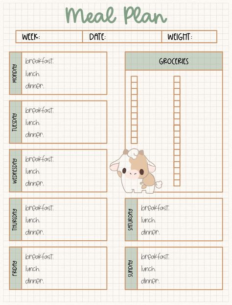 Weekly Meal Plan - Notability Gallery Free Meal Planning Printables Templates, Ipad Journaling Template, Free Meal Planner Template, Bujo Meal Planning, Week Meal Plan Template, Meal Planner Aesthetic, Meal Planner Bullet Journal, Meal Plan Sheet, Meal Prep Template