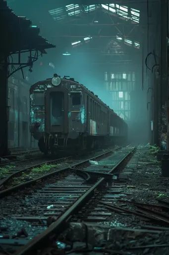 ↑↑↑ Larger size on website 🔸 A train sits on the tracks inside a dilapidated train station. The atmosphere is gloomy and shrouded 🔸 From Midjourney AI Image Abandoned Train Aesthetic, Old Train Aesthetic, Sci Fi Train, Abandoned Subway Station, Train Reference, Lamb Aesthetic, Train Station Aesthetic, Railroad Track Pictures, Train Yard